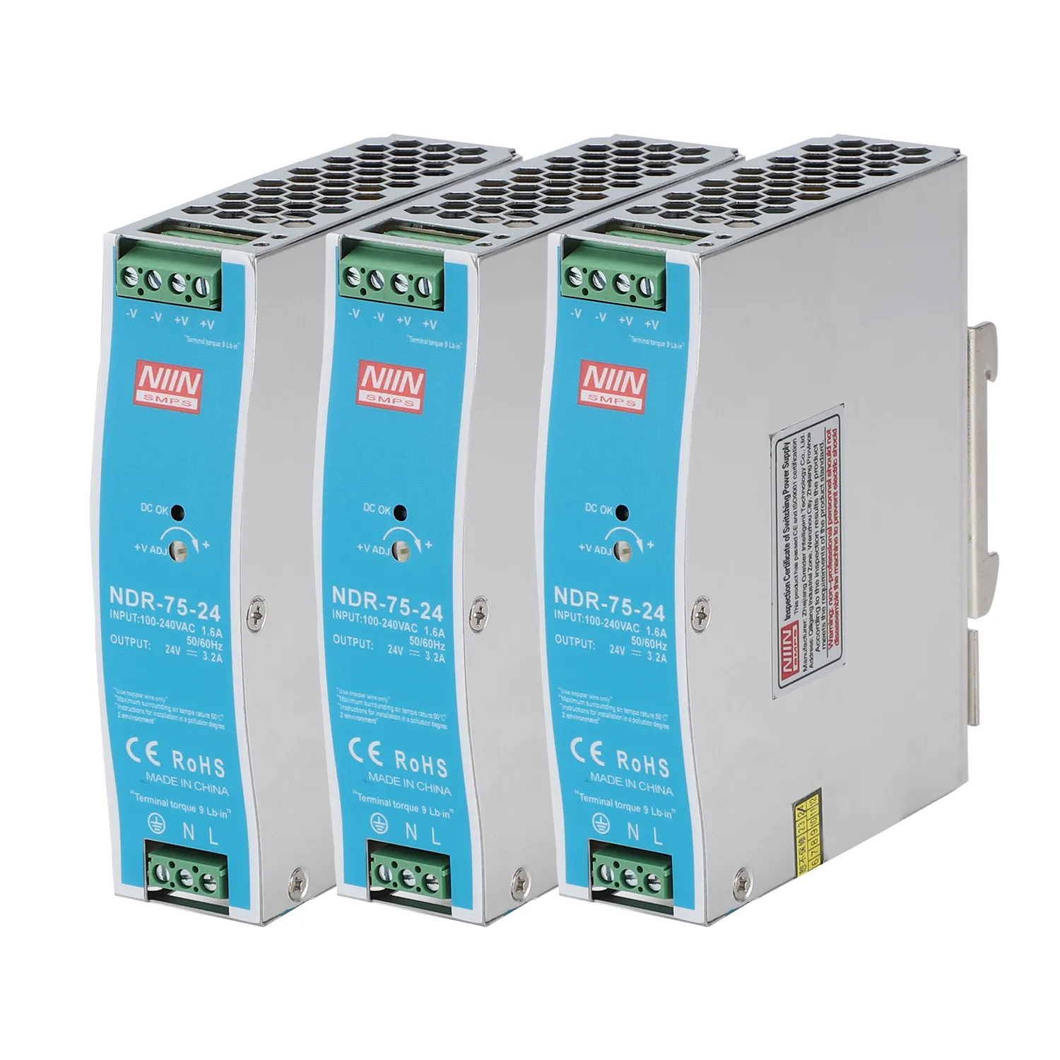 QuntroTech NDR-75W Series Ultra Thin DIN Rail Power Supply Models 12V 24V 48V