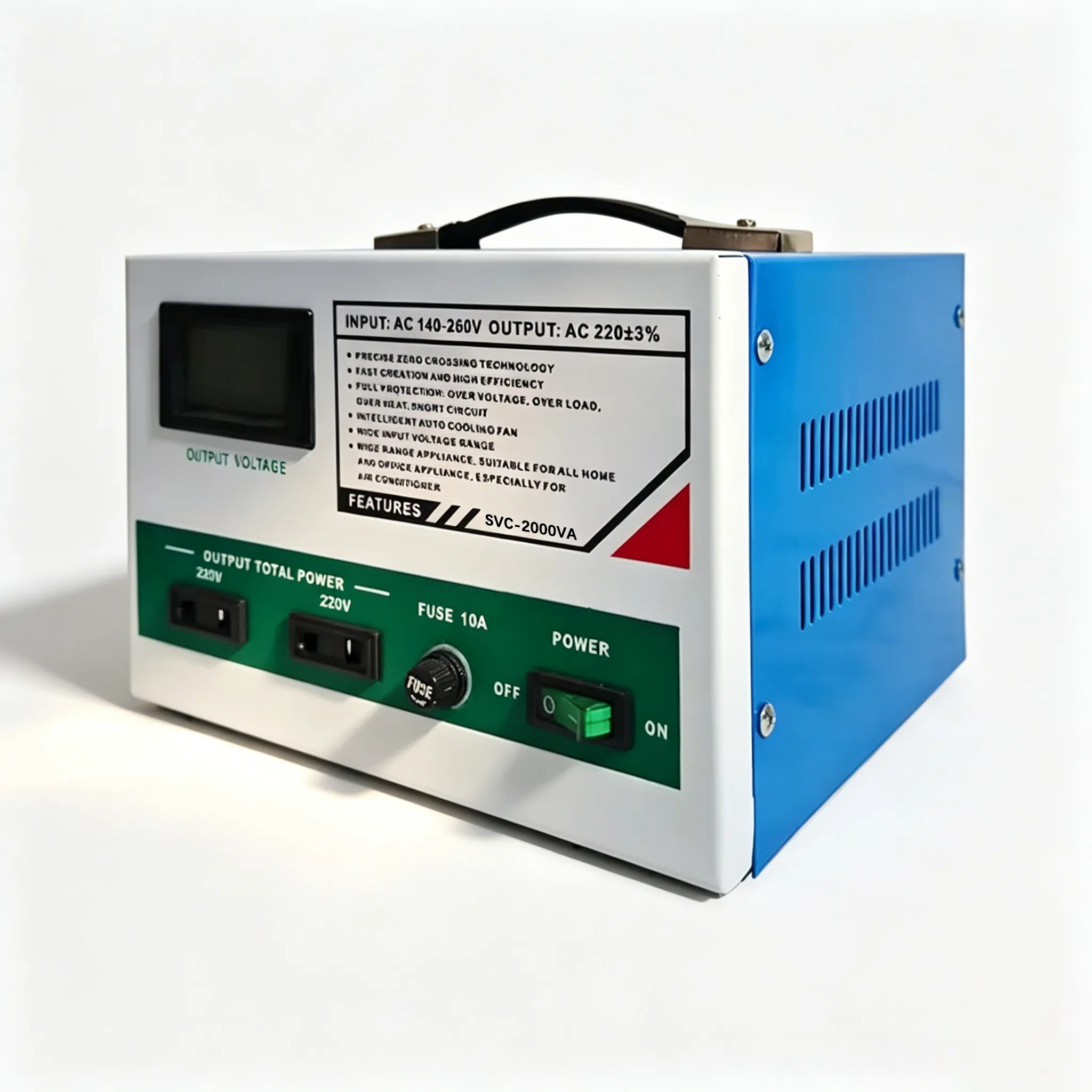Front panel of SVC Classic 2000VA voltage stabilizer with socket and display